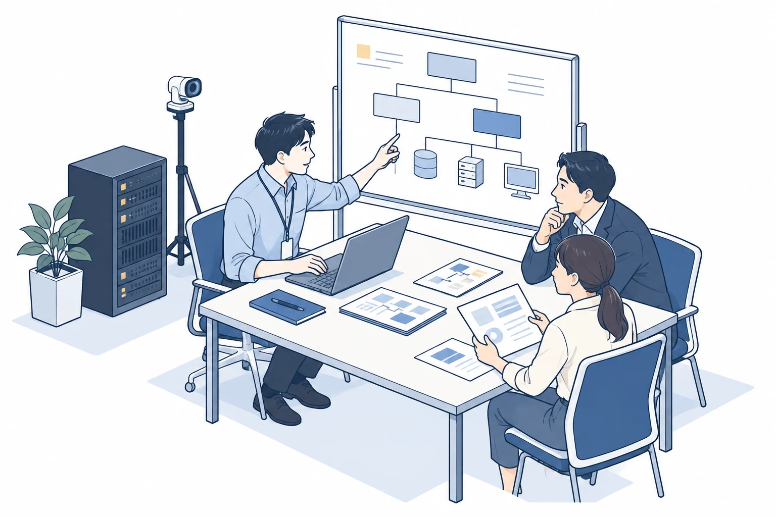 業務の流れと書類を確認しながら相談する担当者たちのイラスト